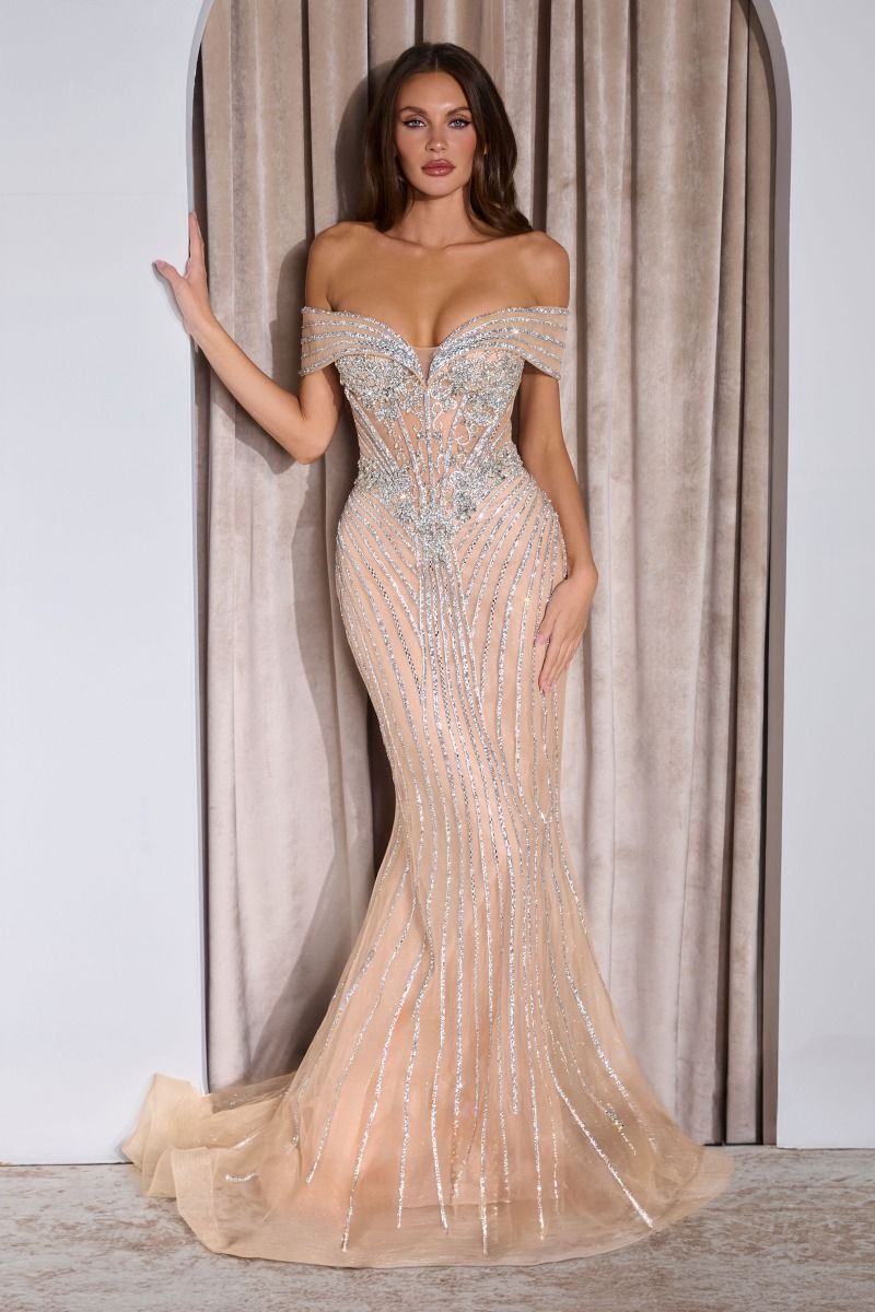 Off Shoulder Crystal Embellished Tulle Mermaid Gown (KV1130)