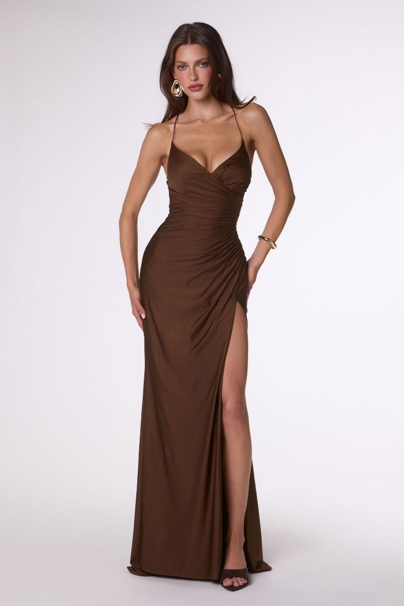 Plunging V-Neck Ruched Satin Gown with Slit and Lace-Up Back (T102)