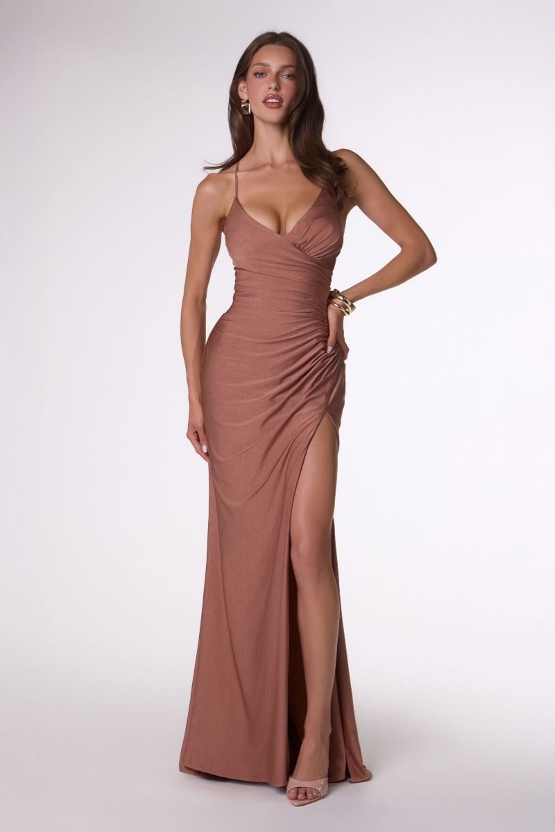Plunging V-Neck Ruched Satin Gown with Slit and Lace-Up Back (T102)