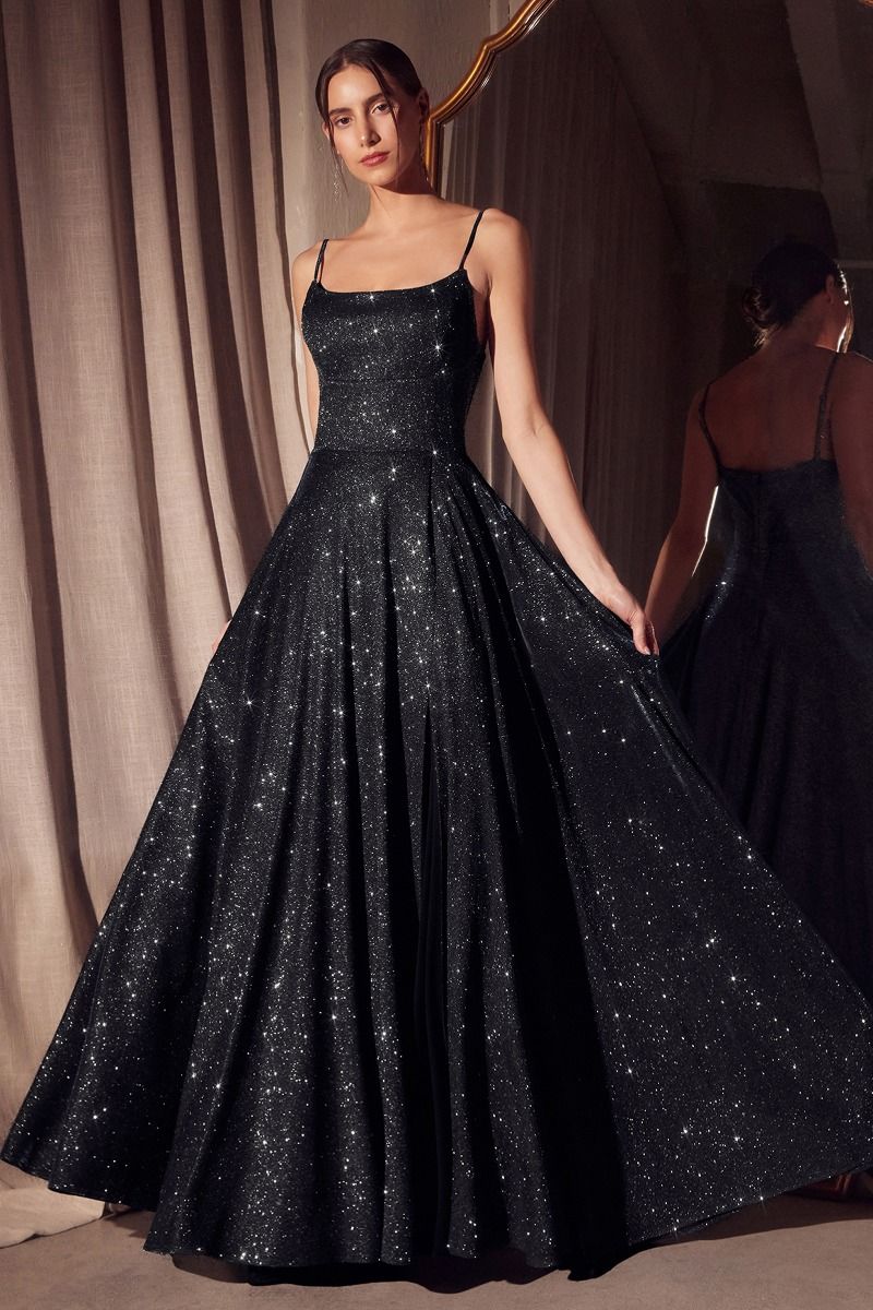 Iridescent Glitter A-Line Gown with Scoop Neckline and Pockets (T213)