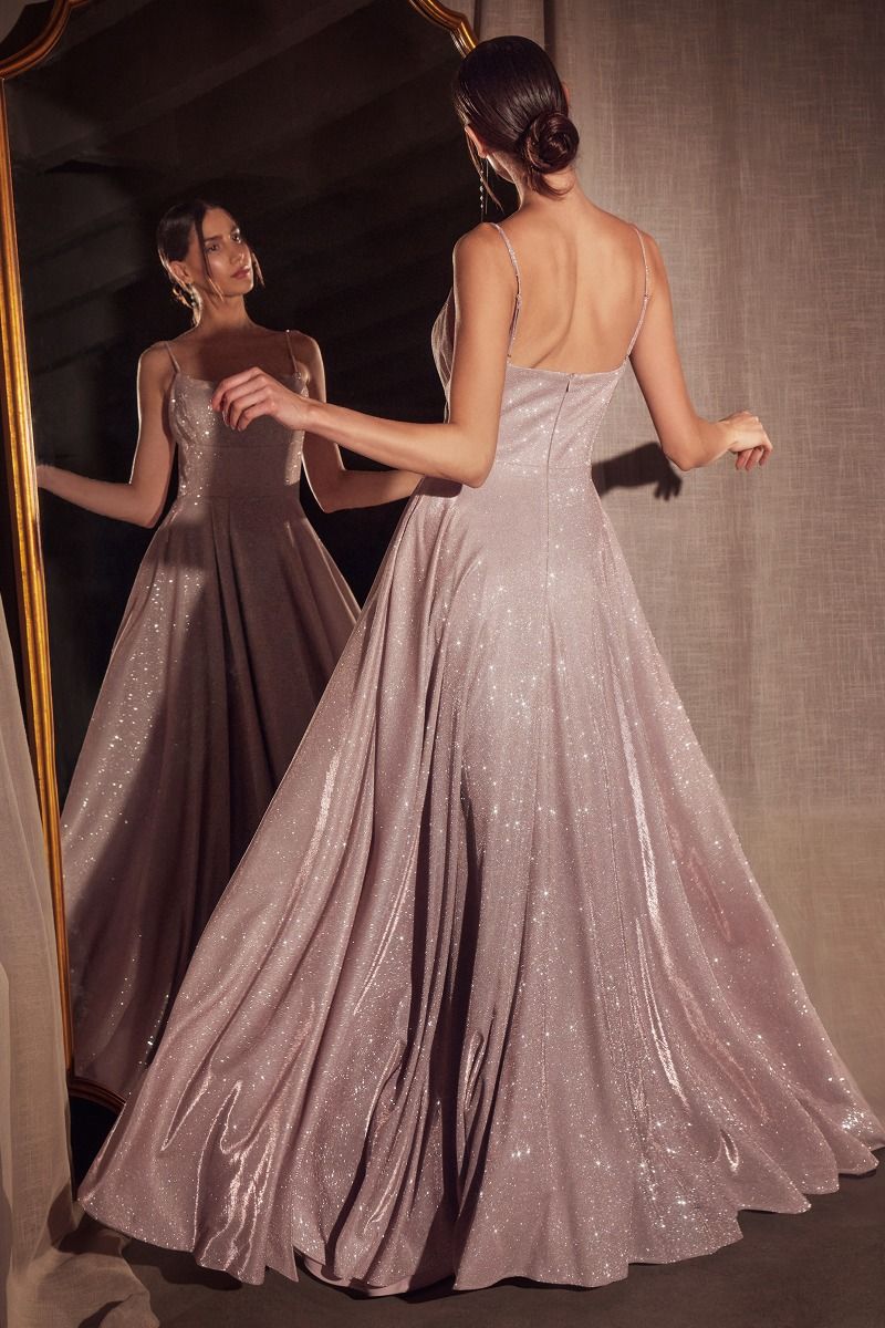 Iridescent Glitter A-Line Gown with Scoop Neckline and Pockets (T213)
