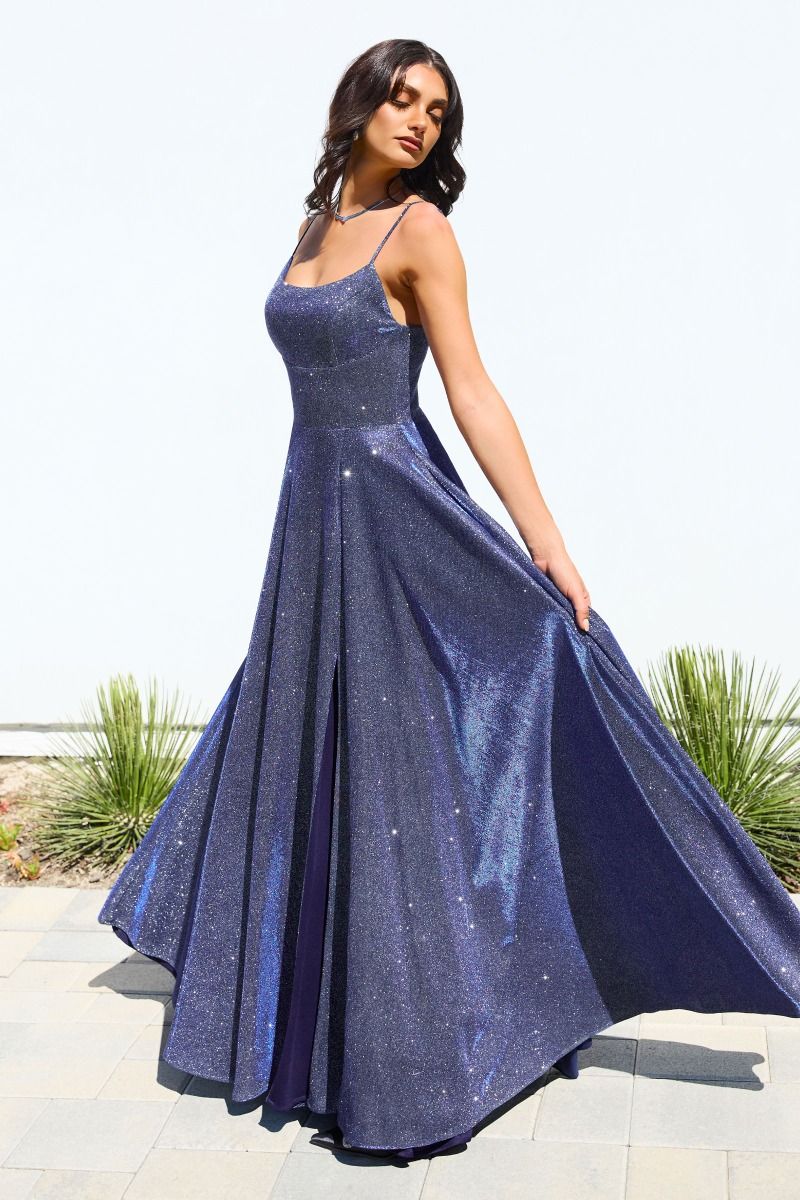 Iridescent Glitter A-Line Gown with Scoop Neckline and Pockets (T213)
