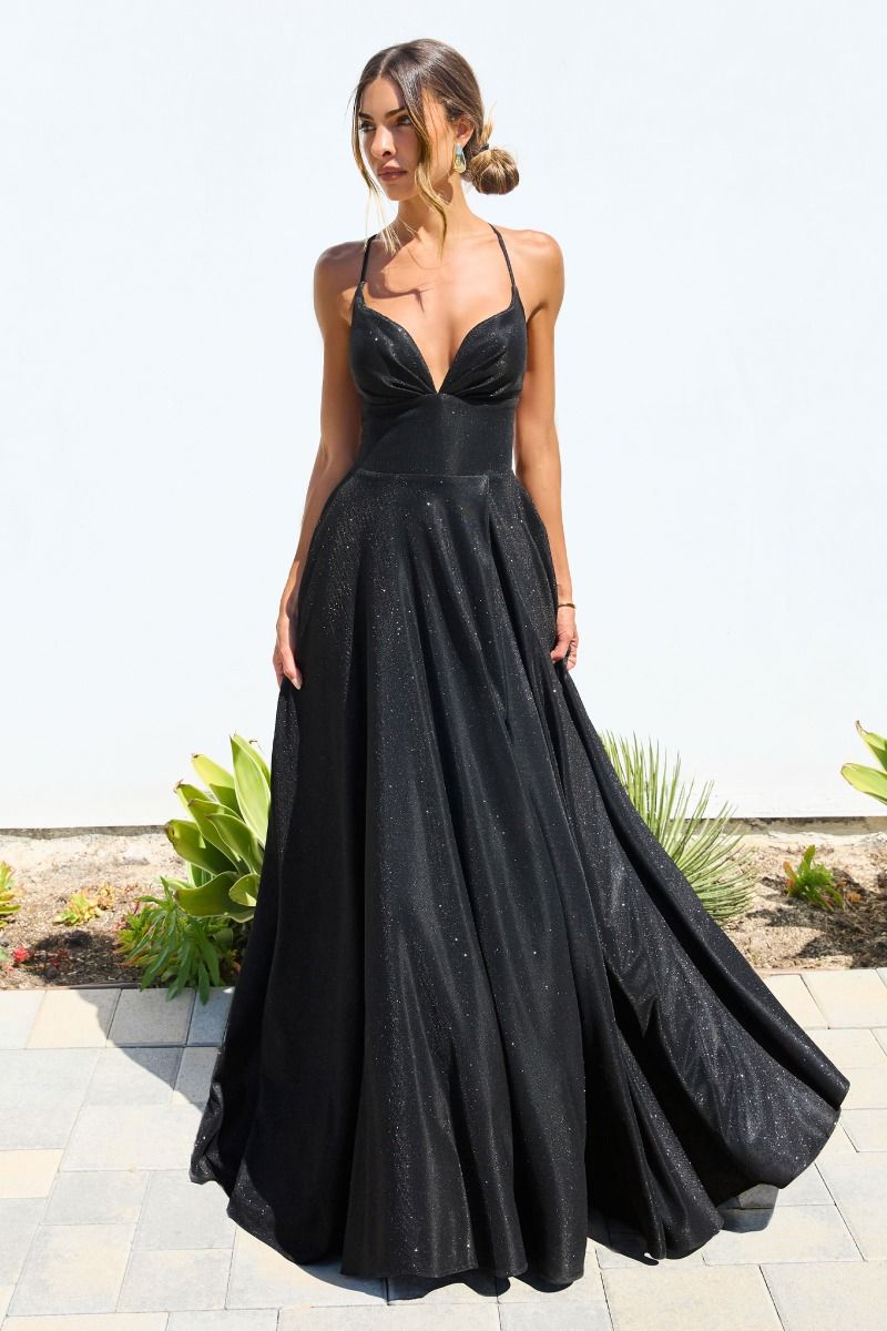 Iridescent Cowl Neck A-Line Gown with Lace-Up Back and Pockets (T214)
