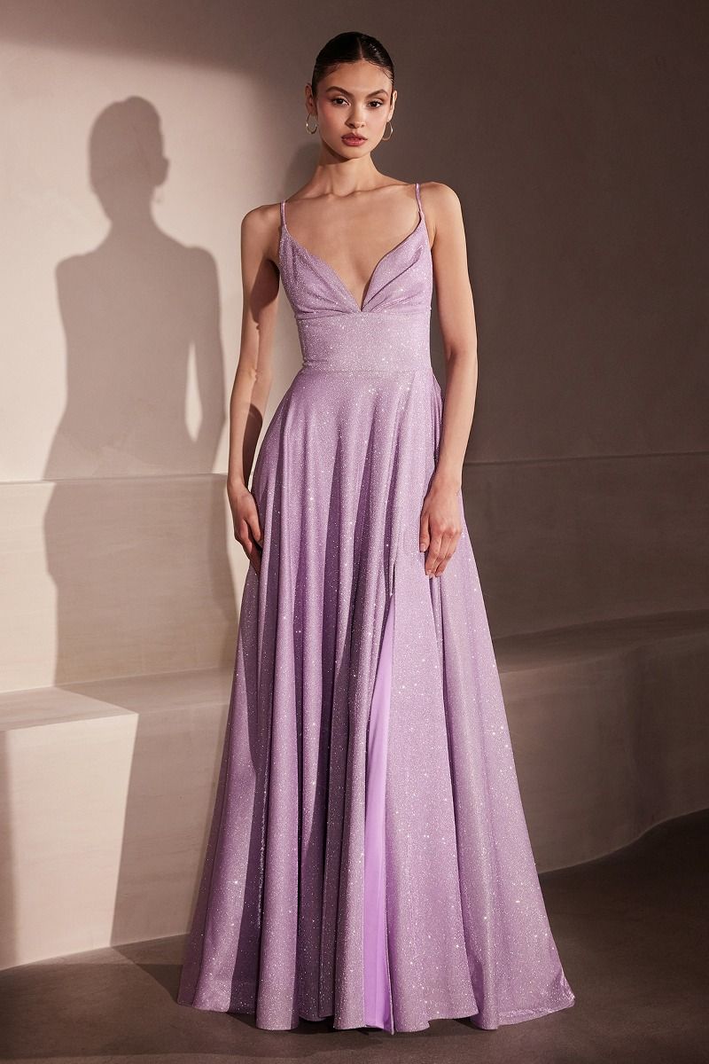 Iridescent Cowl Neck A-Line Gown with Lace-Up Back and Pockets (T214)