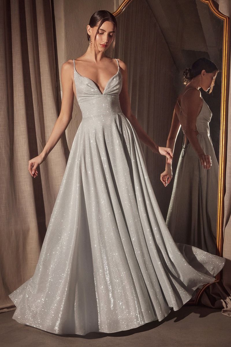 Iridescent Cowl Neck A-Line Gown with Lace-Up Back and Pockets (T214)
