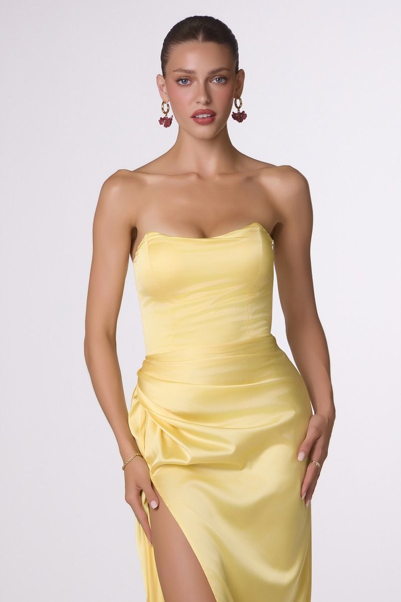 Strapless Satin Gown with Cascading Side Sash and Thigh-High Slit (T215)