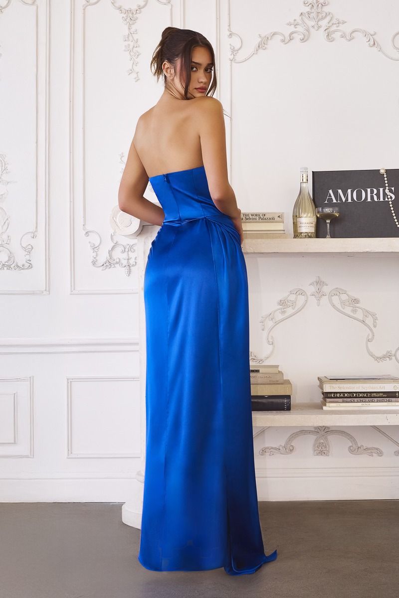 Strapless Satin Gown with Cascading Side Sash and Thigh-High Slit (T215)