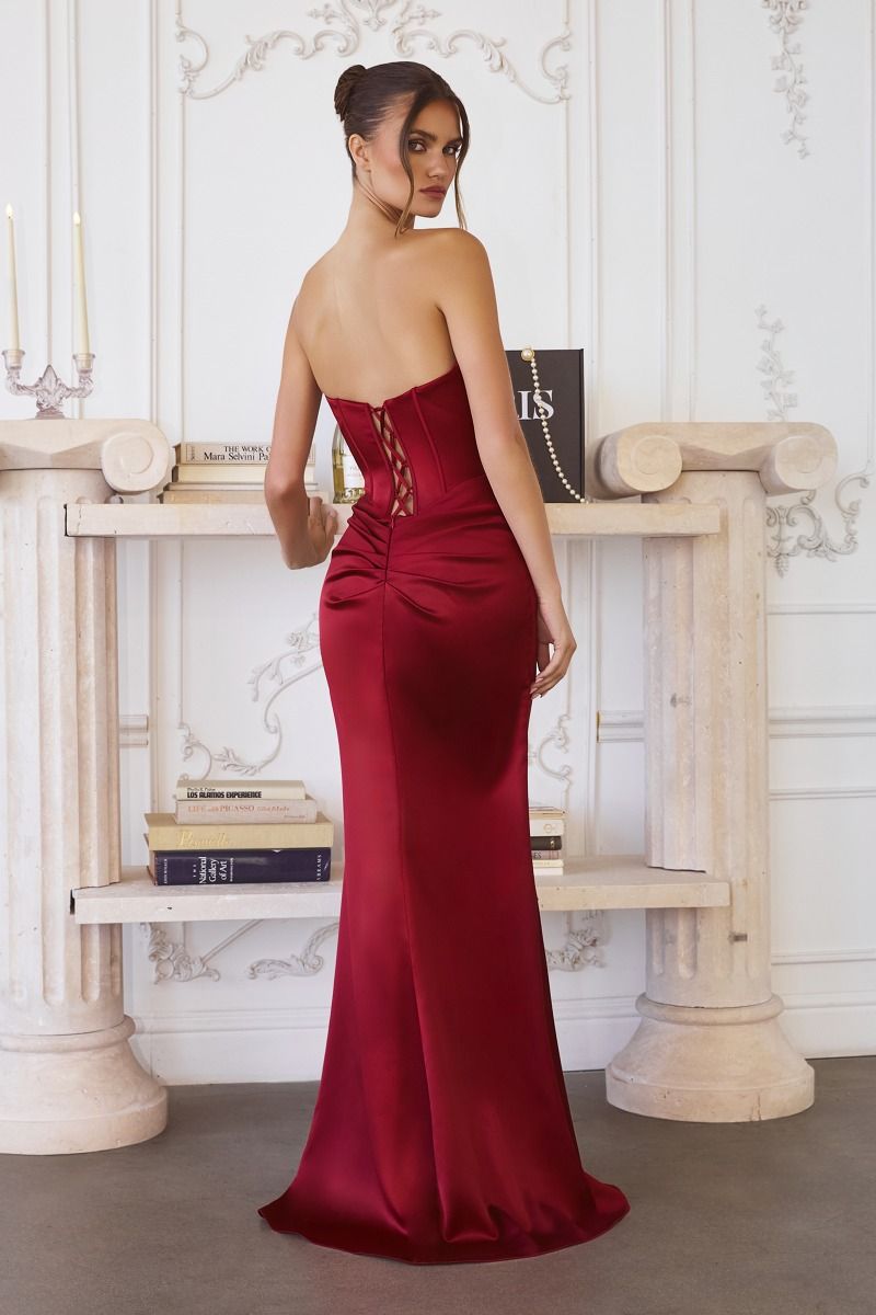 Strapless Draped Satin Corset Gown with Side Slit (T611)