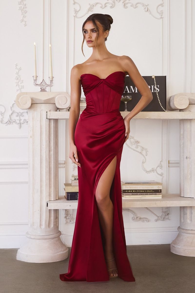 Strapless Draped Satin Corset Gown with Side Slit (T611)