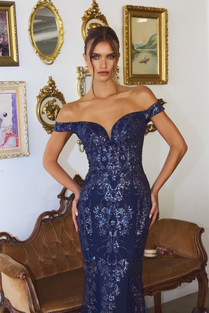 Off-the-Shoulder Sequin Lace Corset Gown with Sweep Train (T613)