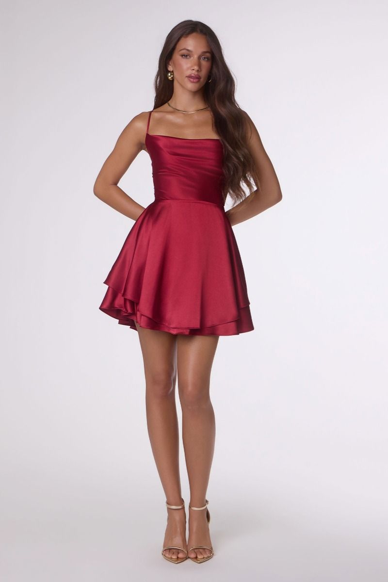 Draped- Neck Satin Fit & Flare Mini Dress With Lace-Up Back (T616)