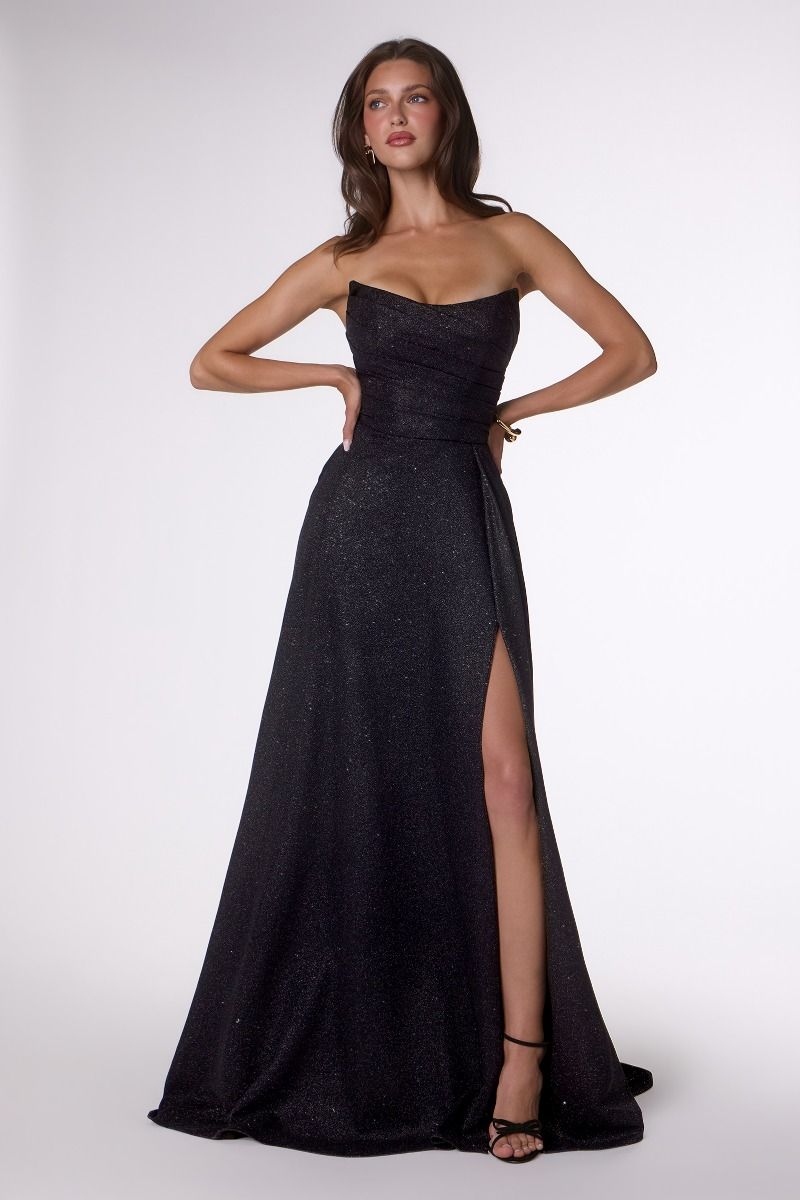 Strapless Glitter A-Line Gown with Pleated Skirt and Leg Slit (T701)