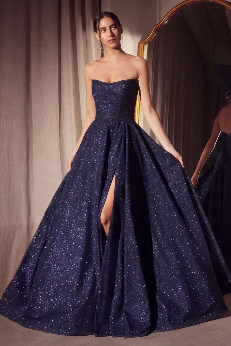 Strapless Glitter A-Line Gown with Pleated Skirt and Leg Slit (T701)