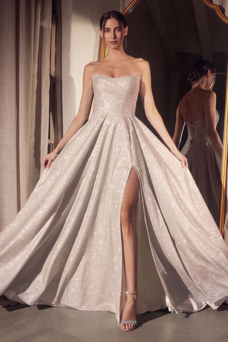 Strapless Glitter A-Line Gown with Pleated Skirt and Leg Slit (T701)