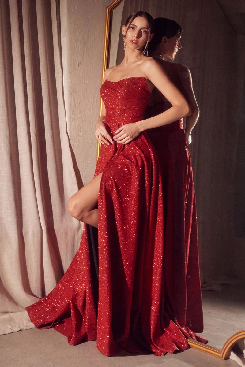 Strapless Glitter A-Line Gown with Pleated Skirt and Leg Slit (T701)