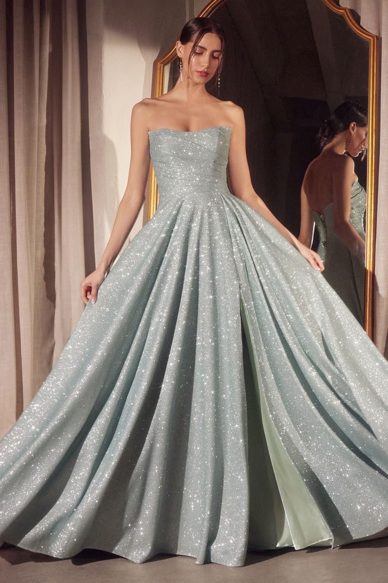 Strapless Glitter A-Line Gown with Pleated Skirt and Leg Slit (T701)