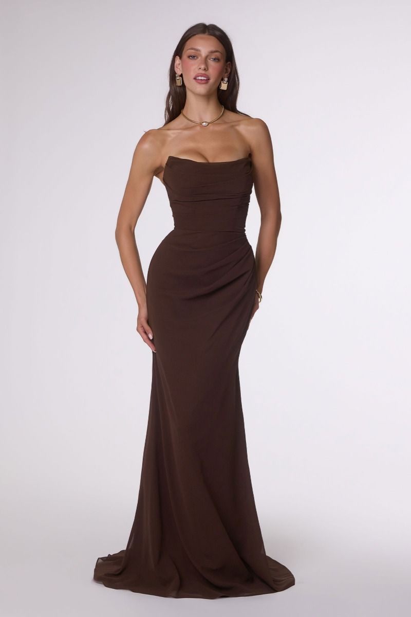 Strapless Draped Chiffon Gown with Gathered Bodice (T702)