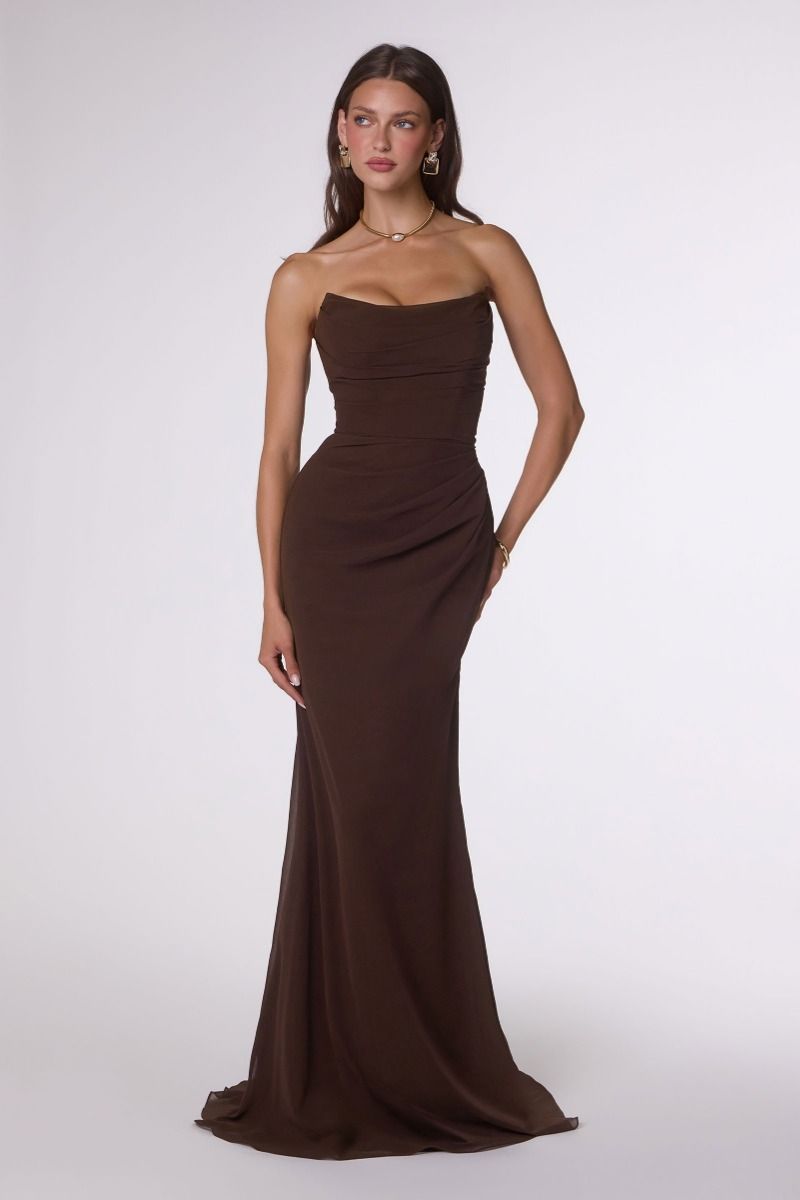 Strapless Draped Chiffon Gown with Gathered Bodice (T702)
