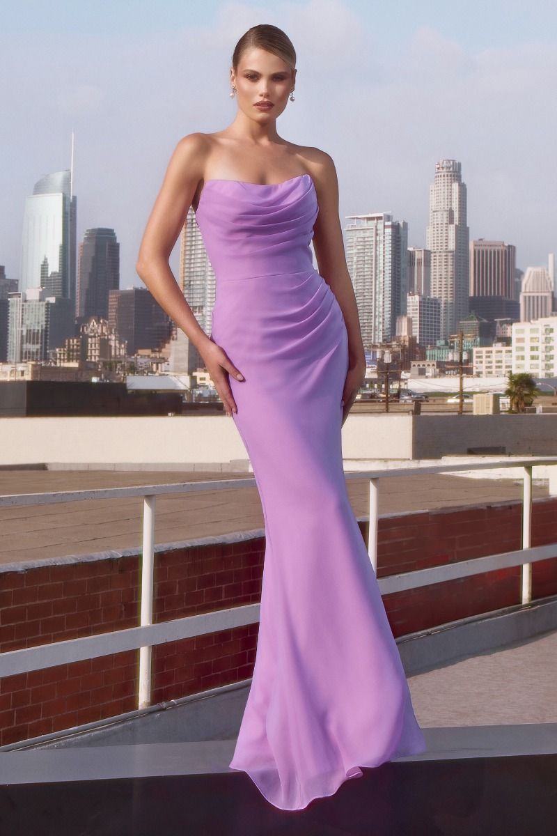 Strapless Draped Chiffon Gown with Gathered Bodice (T702)