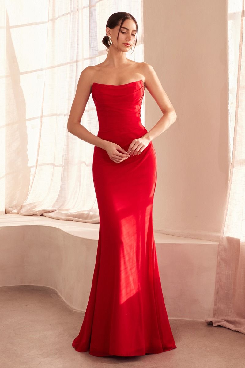 Strapless Draped Chiffon Gown with Gathered Bodice (T702)