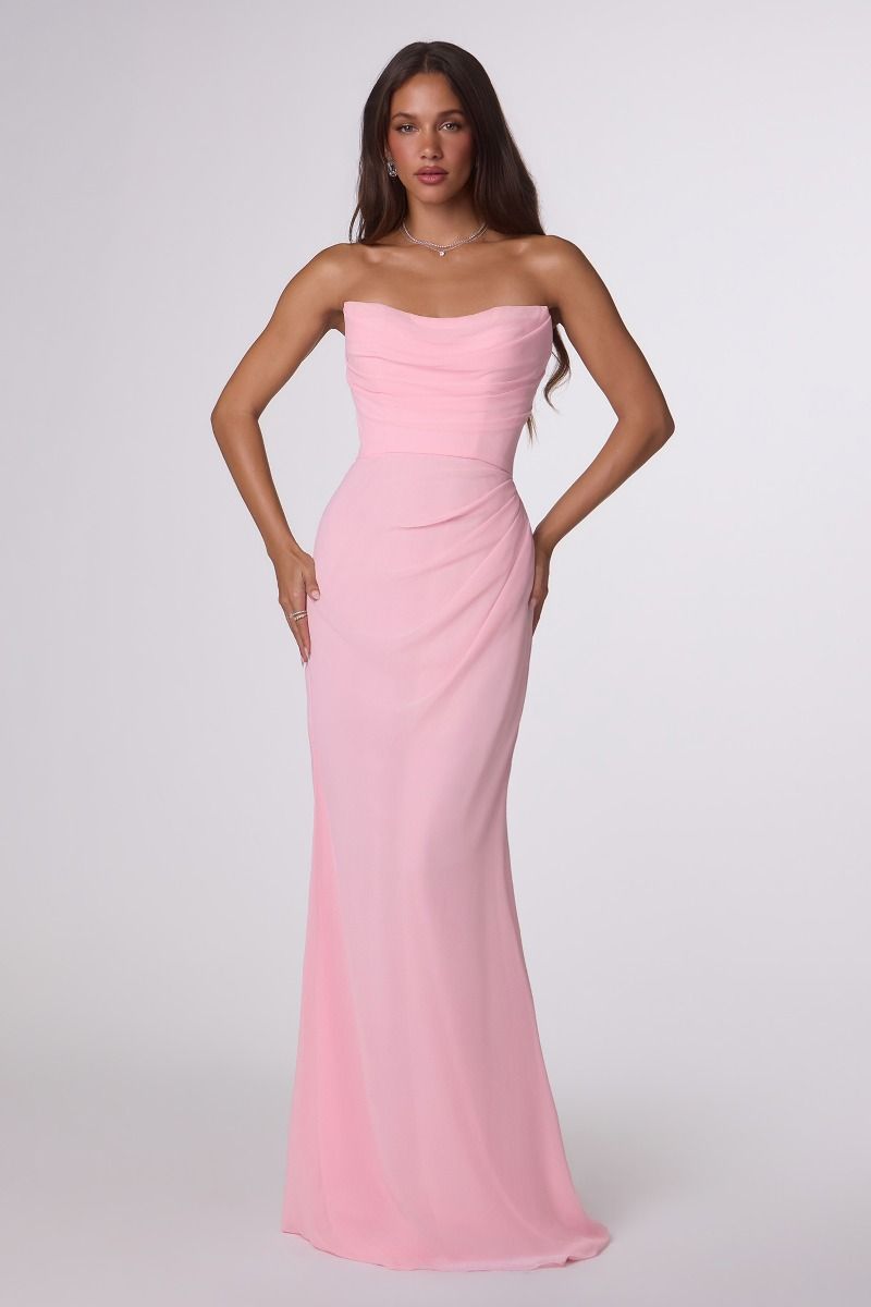Strapless Draped Chiffon Gown with Gathered Bodice (T702)