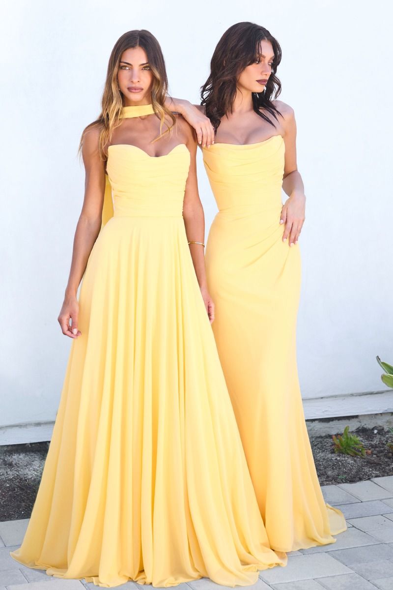 Strapless Chiffon A-Line Gown with Cowl Neckline and Scarf (T703)
