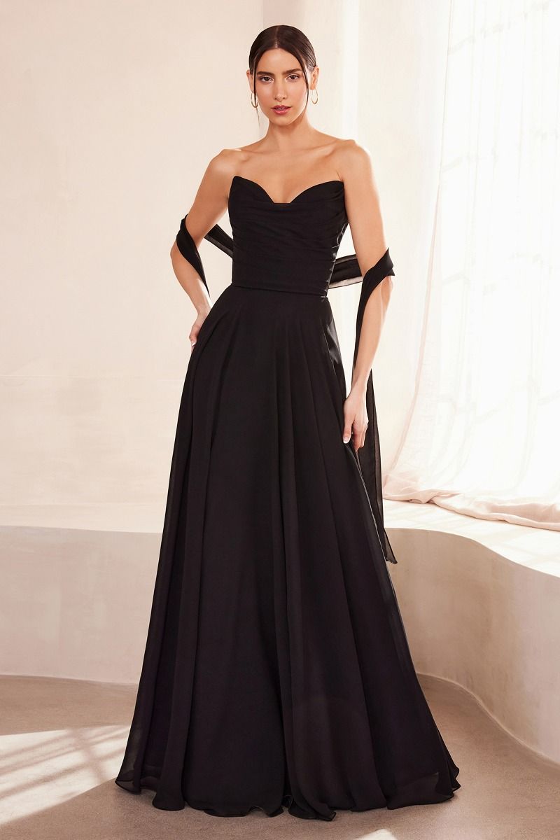 Strapless Chiffon A-Line Gown with Cowl Neckline and Scarf (T703)