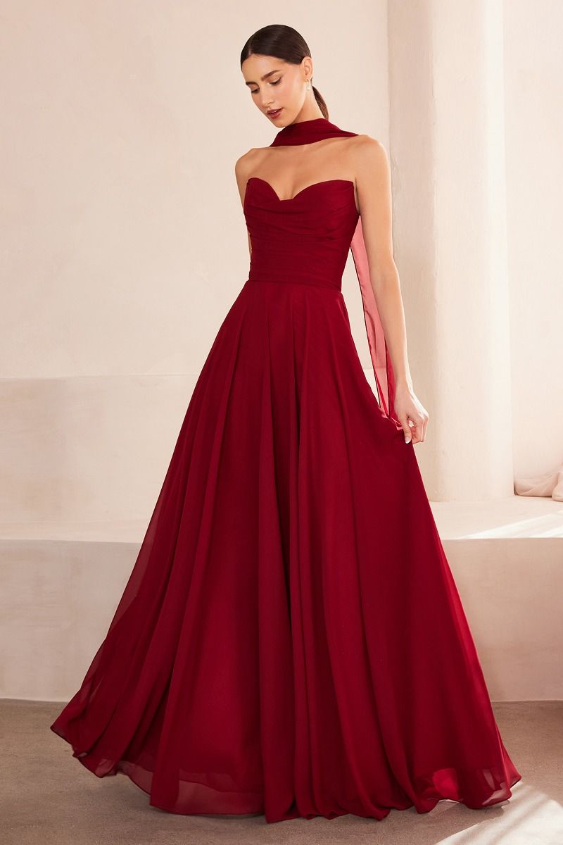 Strapless Chiffon A-Line Gown with Cowl Neckline and Scarf (T703)