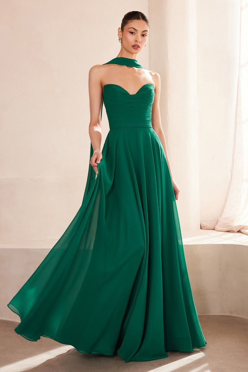 Strapless Chiffon A-Line Gown with Cowl Neckline and Scarf (T703)