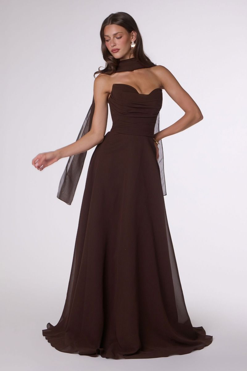 Strapless Chiffon A-Line Gown with Cowl Neckline and Scarf (T703)