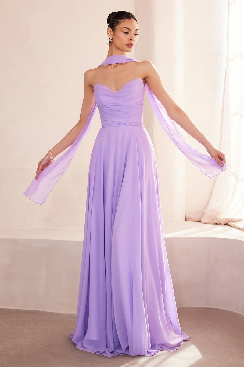 Strapless Chiffon A-Line Gown with Cowl Neckline and Scarf (T703)