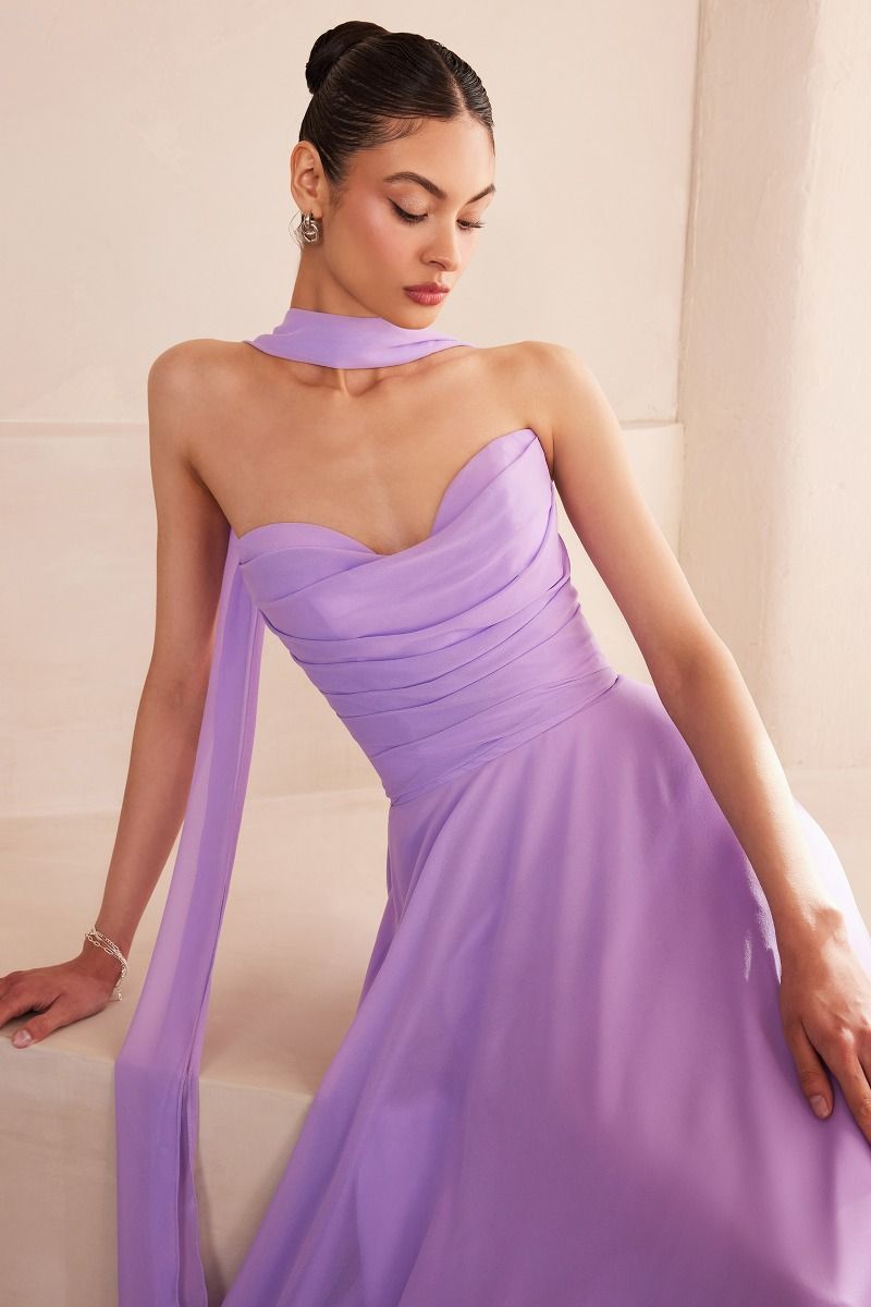 Strapless Chiffon A-Line Gown with Cowl Neckline and Scarf (T703)