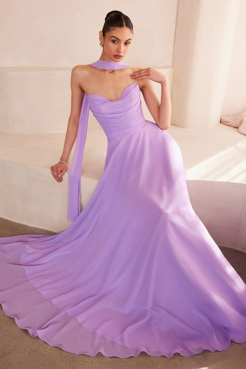 Strapless Chiffon A-Line Gown with Cowl Neckline and Scarf (T703)