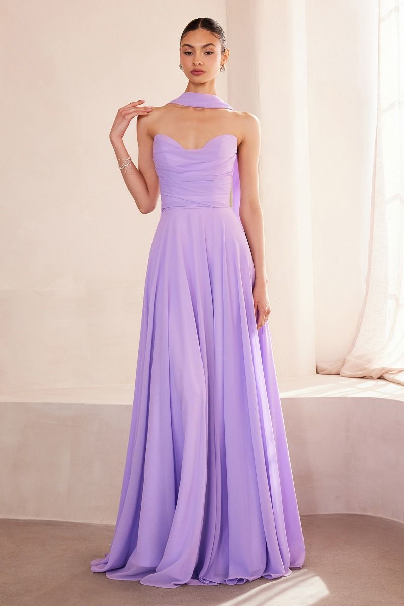 Strapless Chiffon A-Line Gown with Cowl Neckline and Scarf (T703)