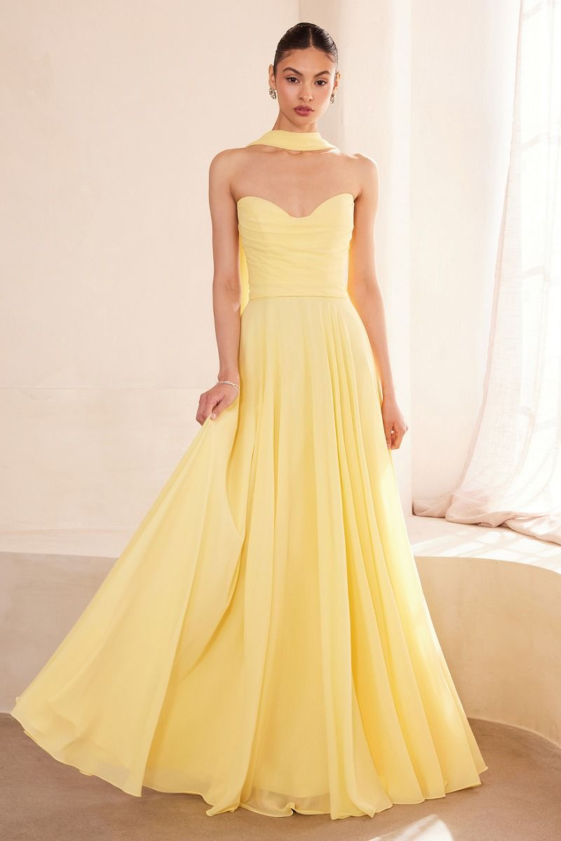 Strapless Chiffon A-Line Gown with Cowl Neckline and Scarf (T703)