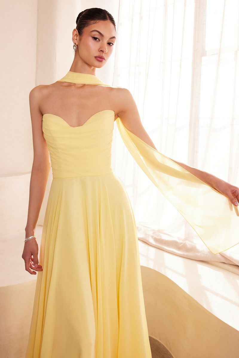 Strapless Chiffon A-Line Gown with Cowl Neckline and Scarf (T703)