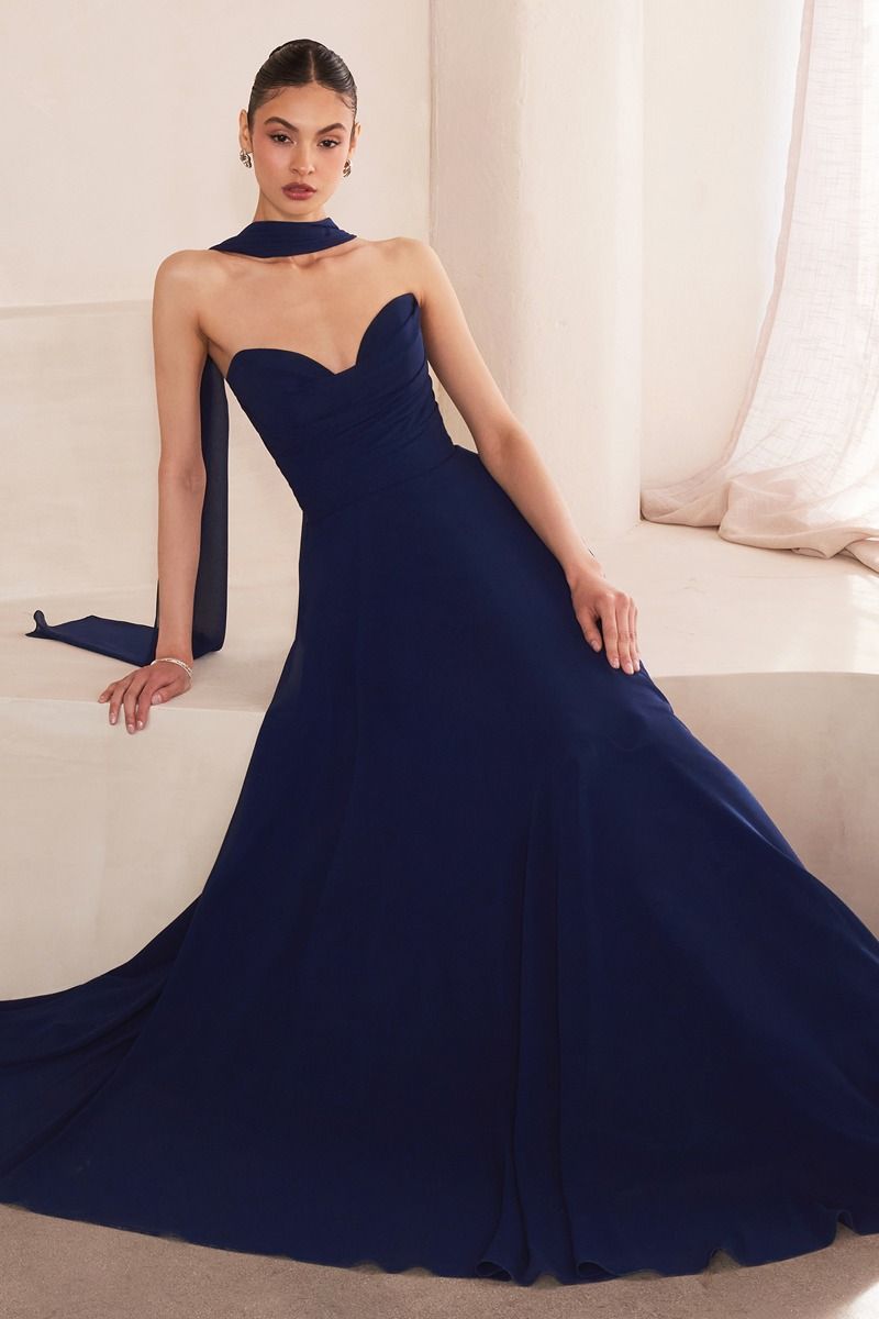 Strapless Chiffon A-Line Gown with Cowl Neckline and Scarf (T703)