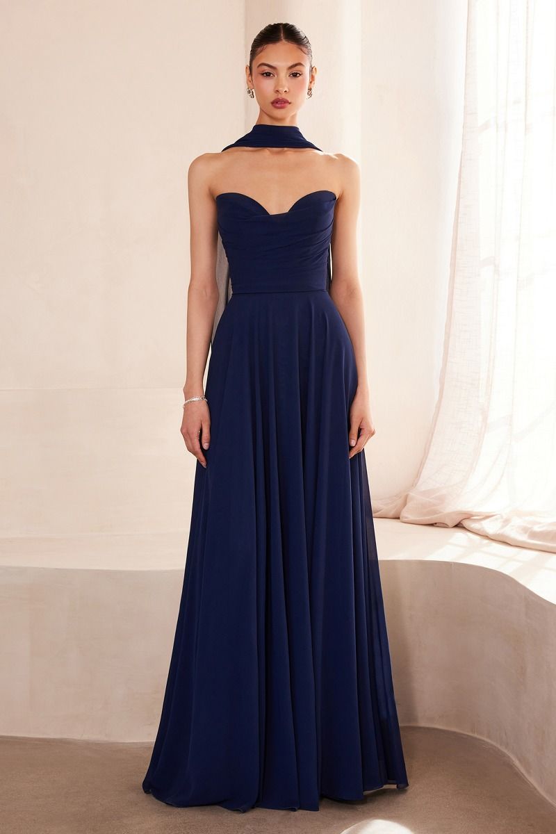 Strapless Chiffon A-Line Gown with Cowl Neckline and Scarf (T703)