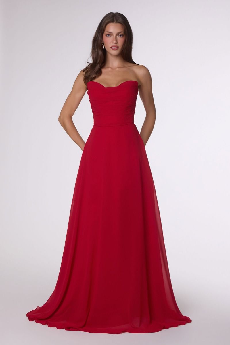 Strapless Chiffon A-Line Gown with Cowl Neckline and Scarf (T703)