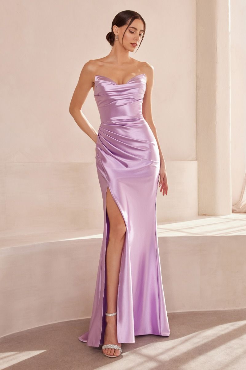 Strapless V-Neck Satin Gown with Gathered Bodice and Leg Slit (T704)