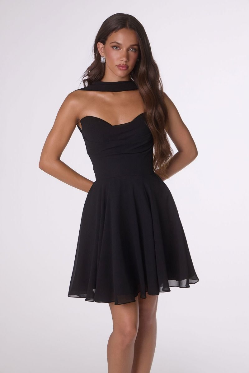 Strapless Chiffon Corset Mini Dress with Pleated Skirt and Scarf (T709)