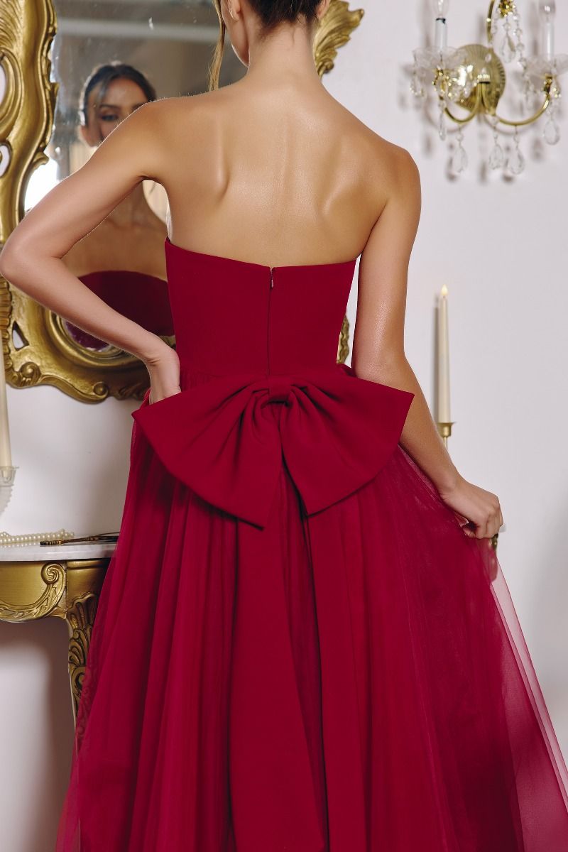 Strapless Crepe & Tulle A-Line Gown with Oversized Back Bow (T712)