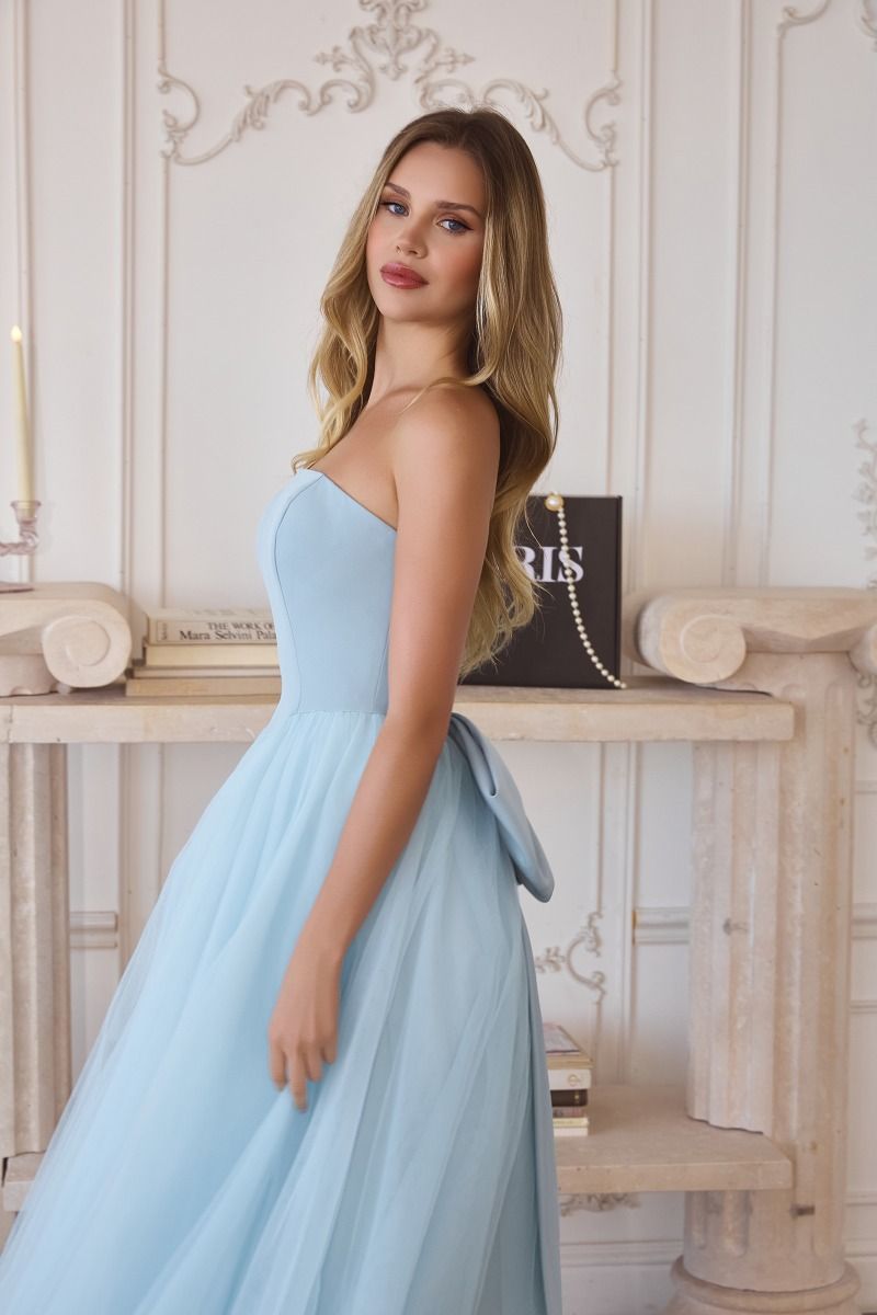 Strapless Crepe & Tulle A-Line Gown with Oversized Back Bow (T712)