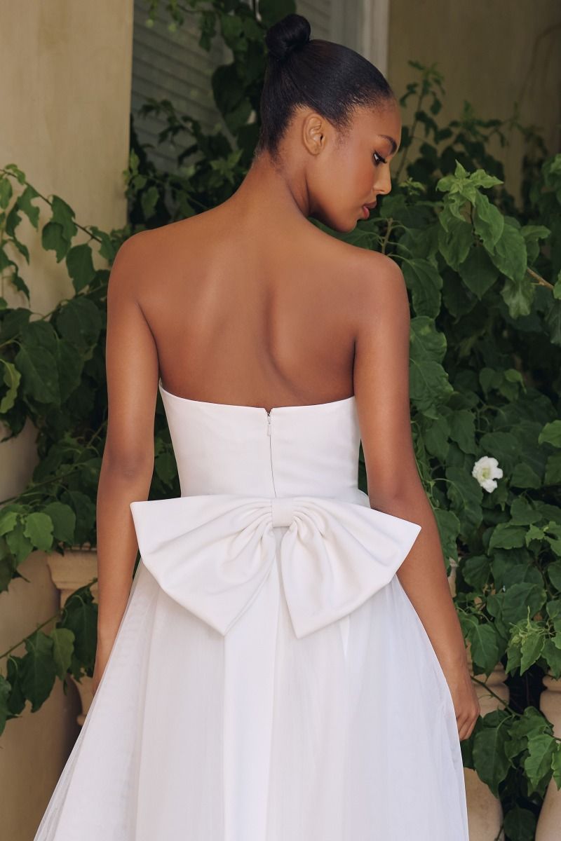 Strapless Crepe and Tulle A-Line Bridal Gown with Oversized Bow (T712W)