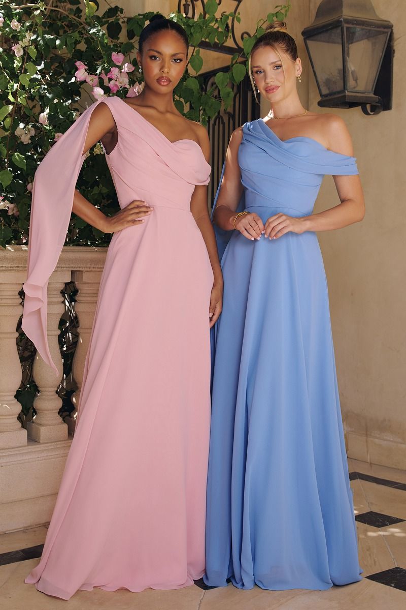One-Shoulder Chiffon A-Line Gown with Draped Cape Sleeve (T716)