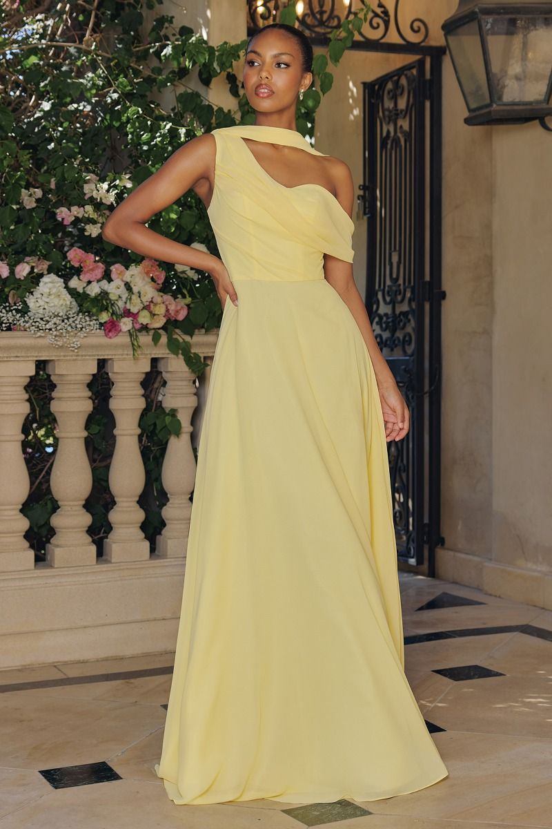 One-Shoulder Chiffon A-Line Gown with Draped Cape Sleeve (T716)