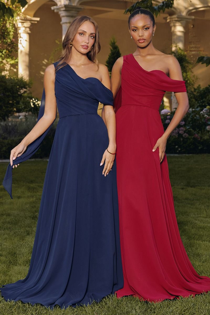 One-Shoulder Chiffon A-Line Gown with Draped Cape Sleeve (T716)
