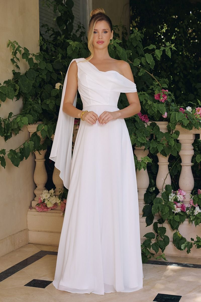 One-Shoulder Chiffon A-Line Gown with Cascading Drape (T716W)