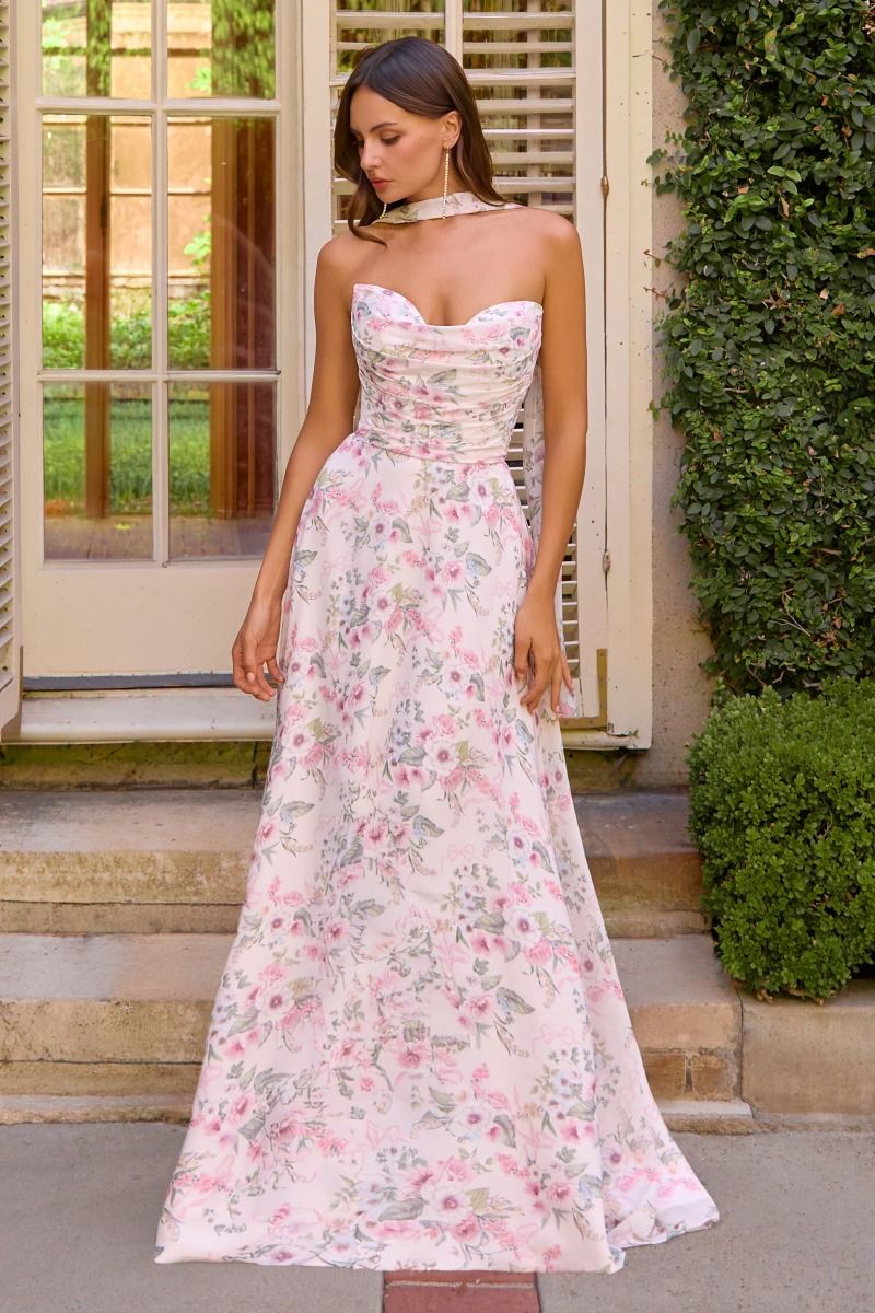 Floral Chiffon A-Line Gown with Detachable Scarf (T717)