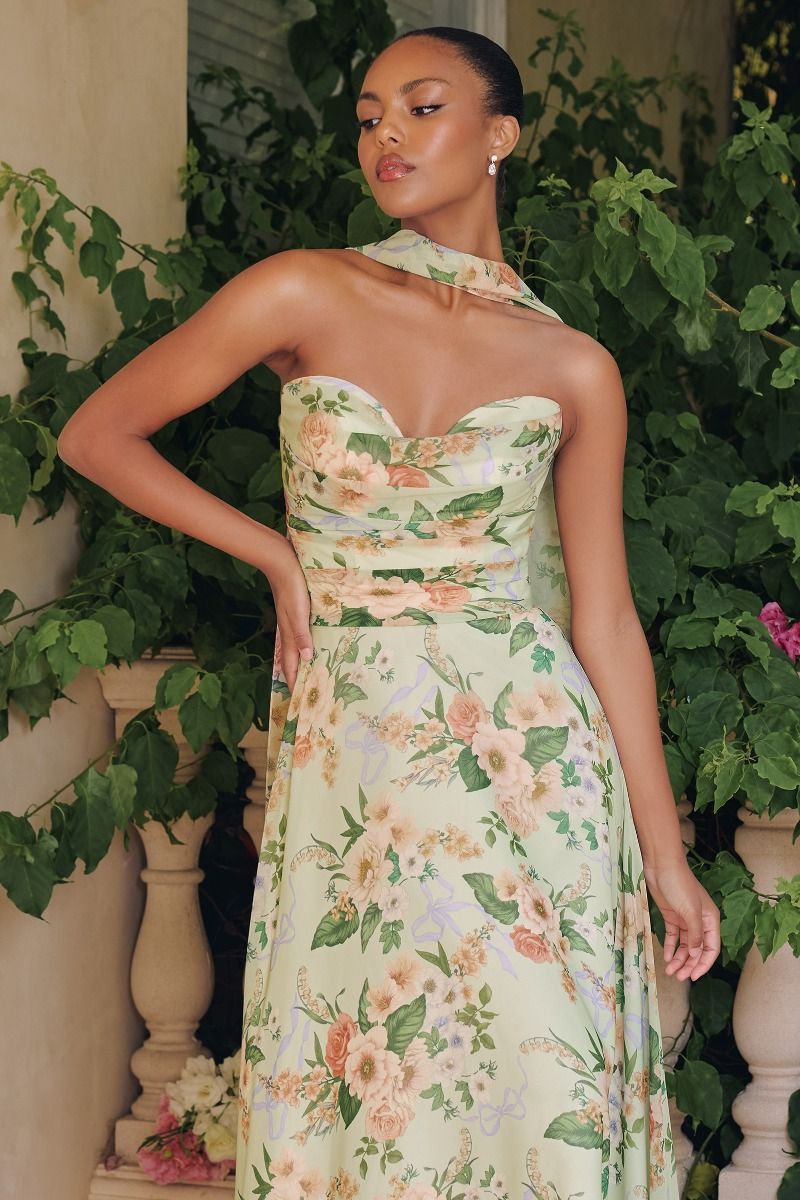 Floral Chiffon A-Line Gown with Detachable Scarf (T717)
